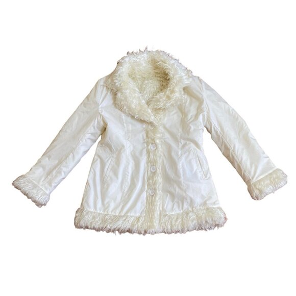 Bright Off White Reversible Faux Fur Coat sz l - Picture 2 of 4